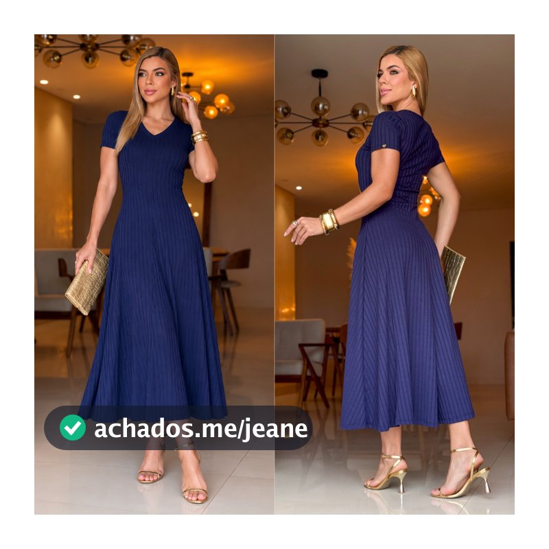 Vestido Midi Canelado Feminino Gola V Acinturado Evasê Moda Evangélica Trabalho Casual