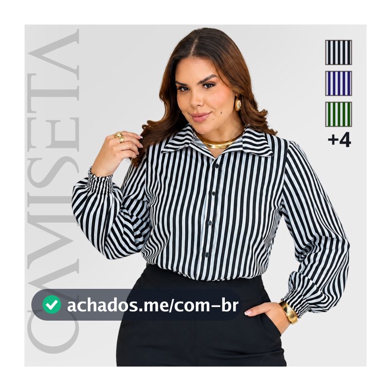Camisa Plus Size Casual Feminina Manga Longa Blusa Listrada com Gola Tradicional