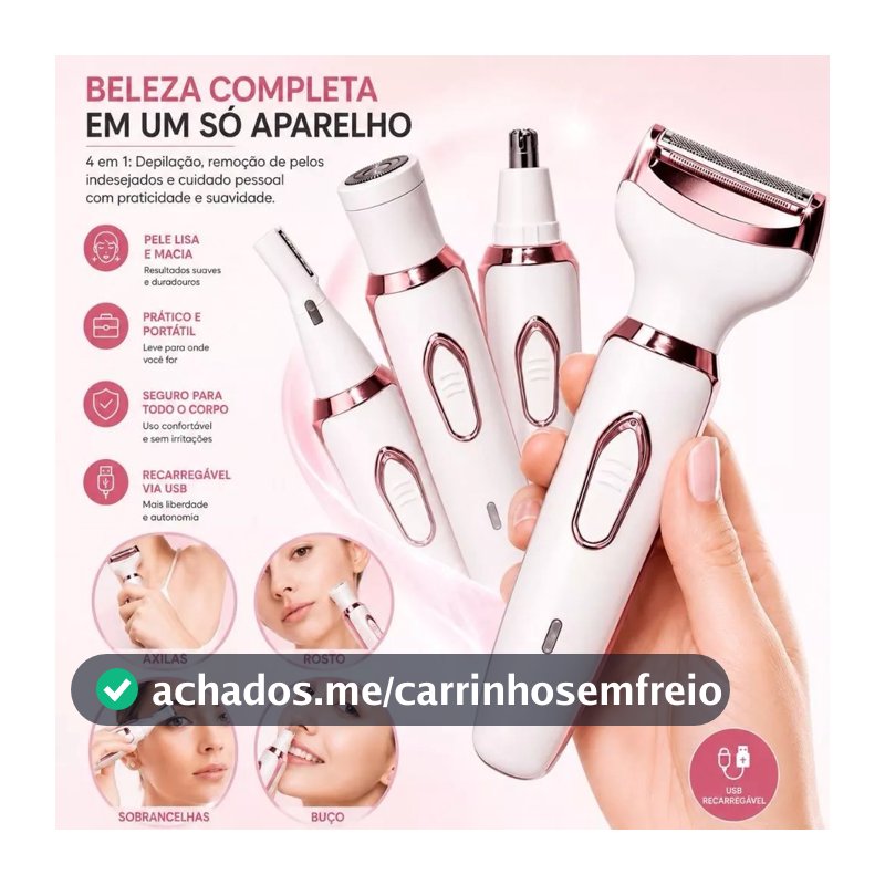 Depilador Elétrico Feminino 4 em 1 Sem Dor Recarregável USB para Corpo Rosto e Sobrancelha