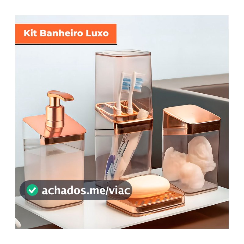 Kit Banheiro Luxo Lavabo Porta Sabonete Sabão Líquido Algodão Escova de Dentes Rose Gold