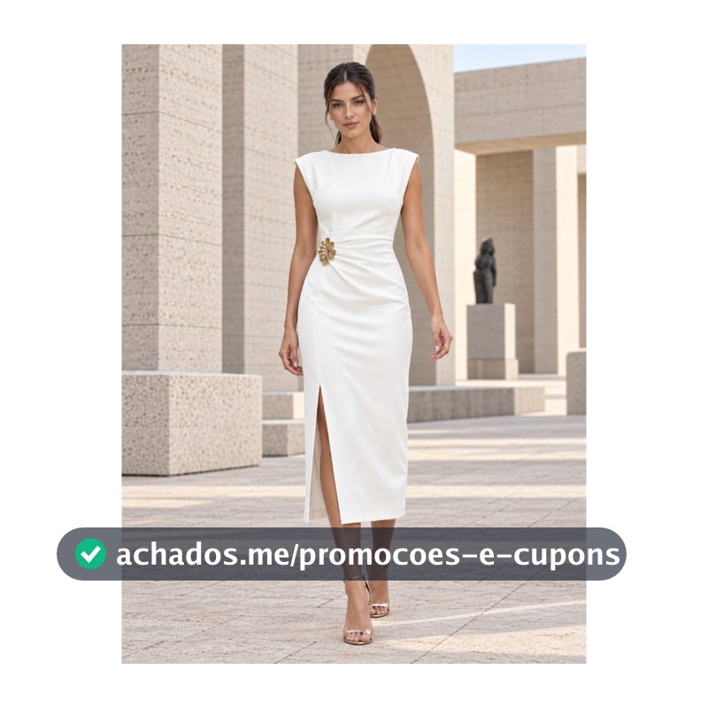 Vestido Midi Louis Twill Alfaiataria Luxo com Fenda e Zíper Invisível Broche Festa P M G REF 25108