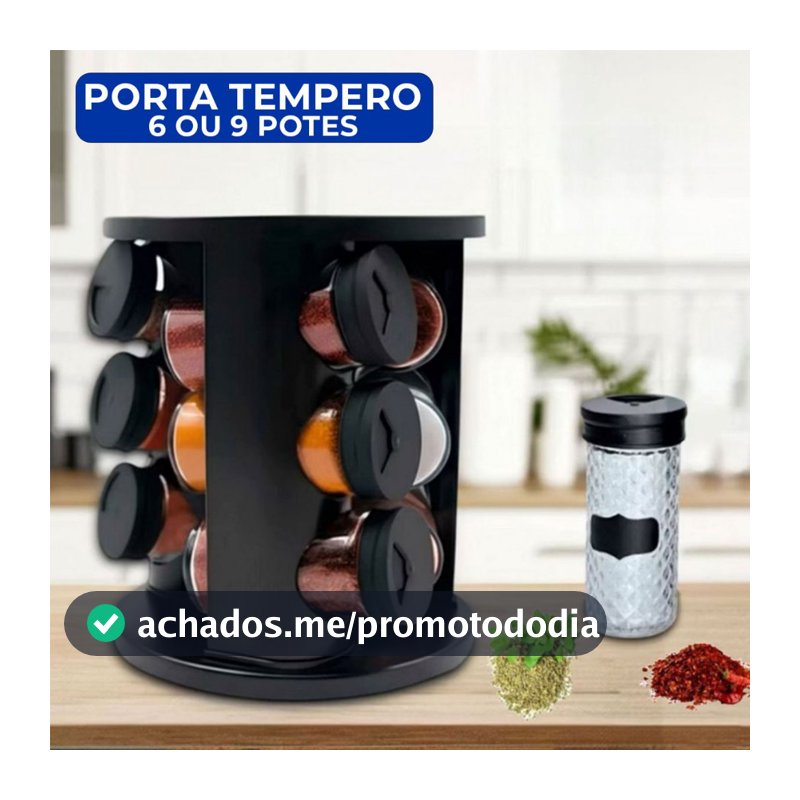 Porta Temperos Giratório 6 ou 9 Potes Vidro 90g Tampa Dosadora Etiquetas Adesiva Organizador Cozinha