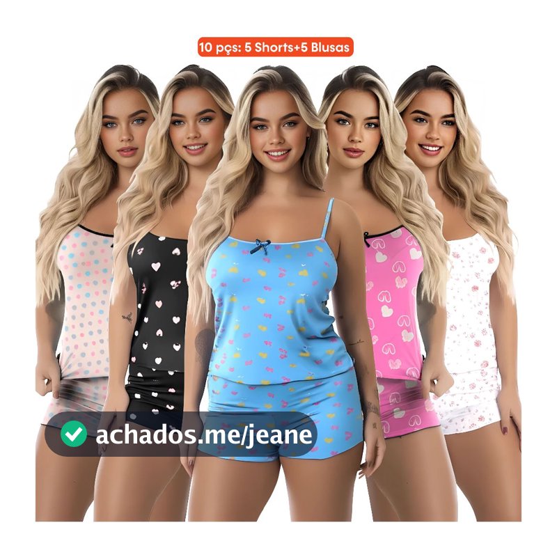 Kit 10 Peças (5 Conjuntos) Short Doll Conjunto Pijama Feminino Baby Doll 5 Blusas e 5 Shorts