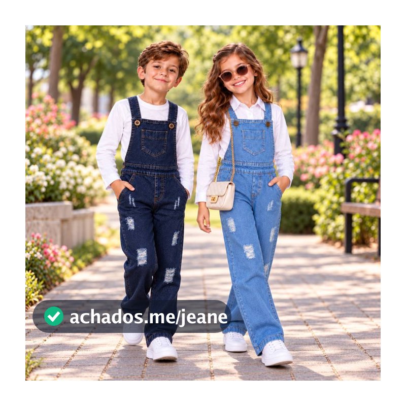 Macacão Jardineira Jeans Menino e Menina Calça Infantil Longa 2 a 10 - Bolso Rasgadinho