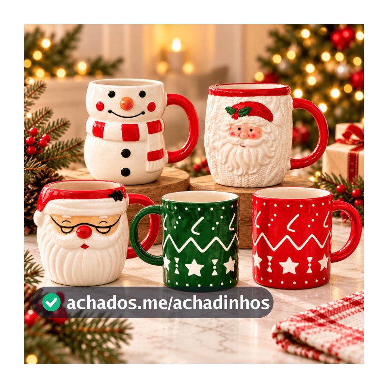 Caneca de Cerâmica Natalina com Alça, Estampa Papai Noel e Boneco de Neve Decoração Natal