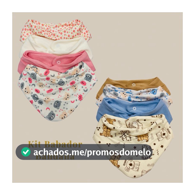 Kit com 5 Babador Bandana Bebê - Misto e Estampado Trcido Duplo Fecho de Pressão 100% Algodão