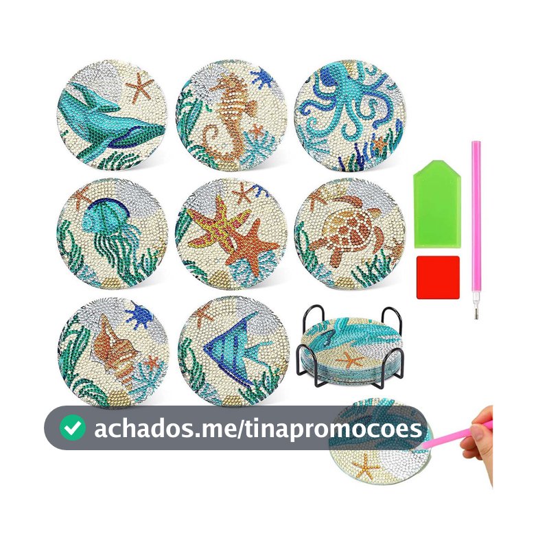 Artesanato Pintura Diamante Diy Porta Copos Oceano Com Kit 8