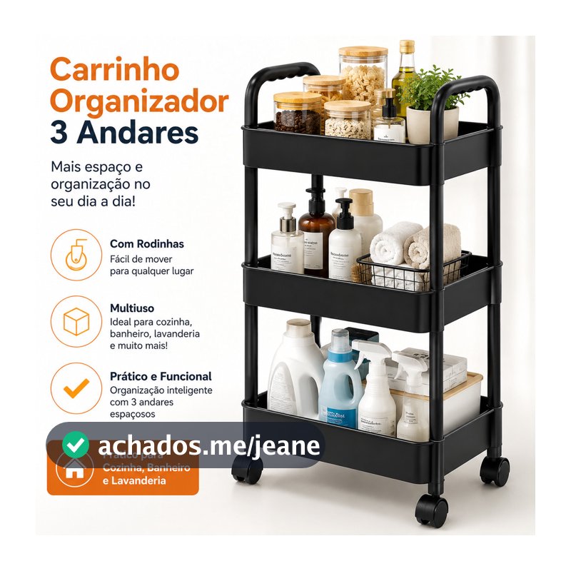 Carrinho Organizador 3 Andares Multiuso com Rodinhas para Cozinha Banheiro Quarto Escritório