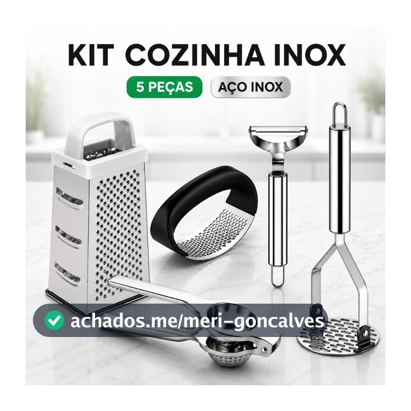 KIT 5 Peças Inox Cozinha | Amassador Batata e Alho, Descascador, Espremedor Limão e Ralador 4 Faces