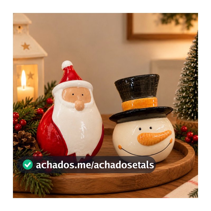 Kit 2 Enfeites de Natal em Cerâmica | Papai Noel + Boneco de Neve | Decoração Natalina