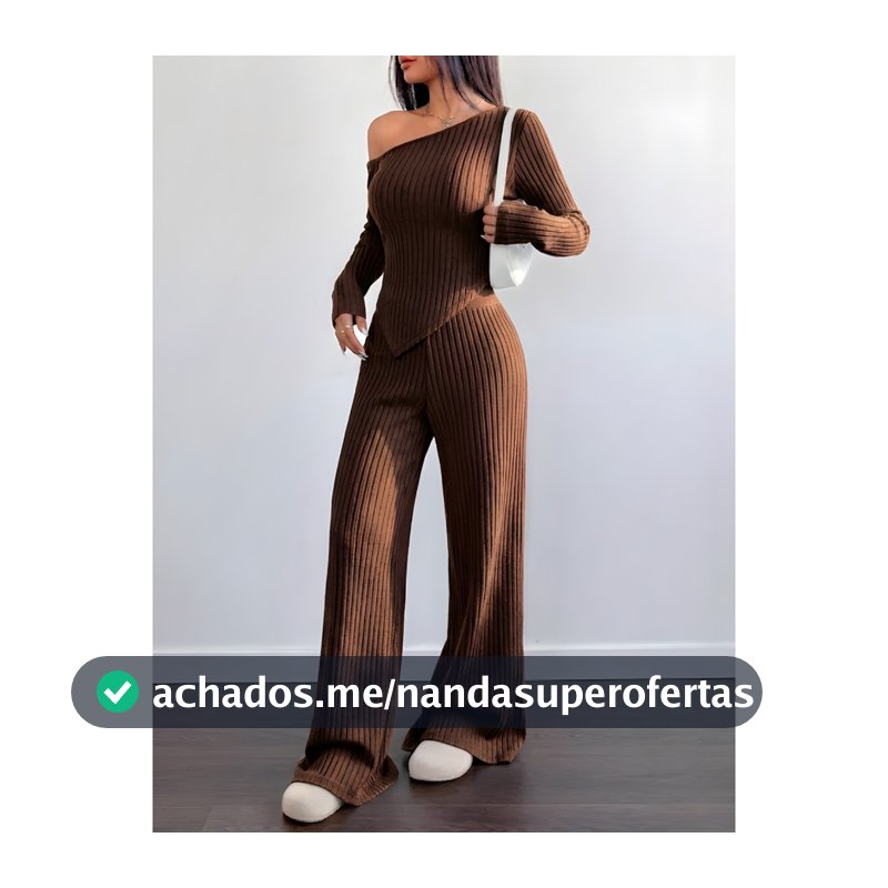 Conjunto Mila Feminino Blusa Assimétrica Manga Comprida  + Calça Pantalona Malha Ribana Moda Inverno