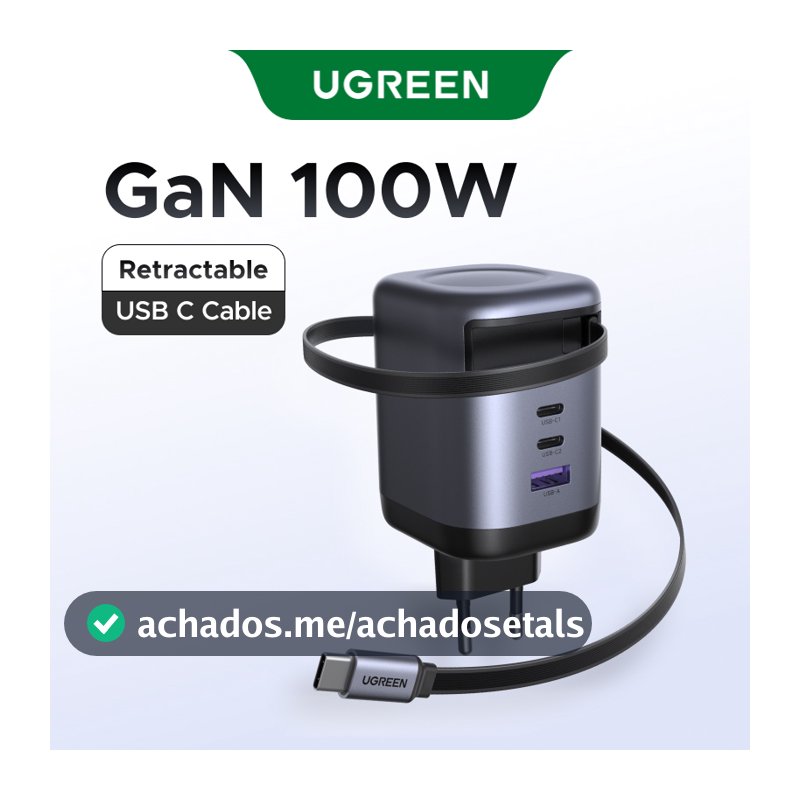 UGREEN 100W 4 Portas GaN Cabo Retrátil De 75 Cm USB A C Carregador Rápido Para iPhone 16 Pro Max , 15,14