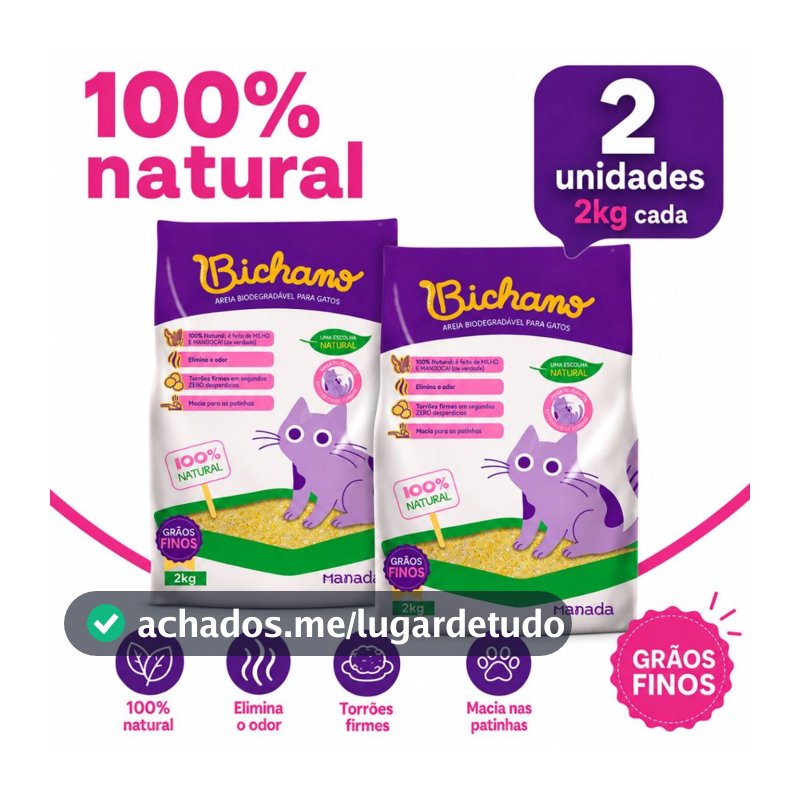 Kit 02 Areia Biodegradável Bichano Para Gatos Cat Grãos Finos 2kg Bio Milho e Mandioca Grão Fino Manada