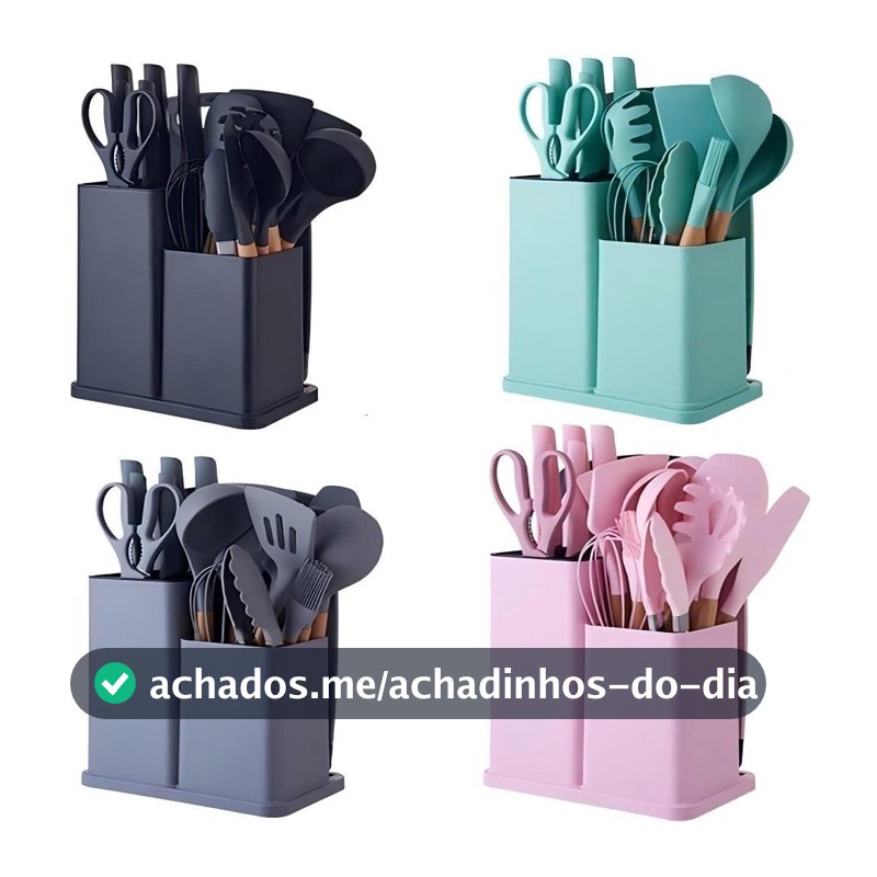 Kit 19 Peças Jogo de Utensílios Para Cozinha em Silicone Com Cabo de Madeira Completo