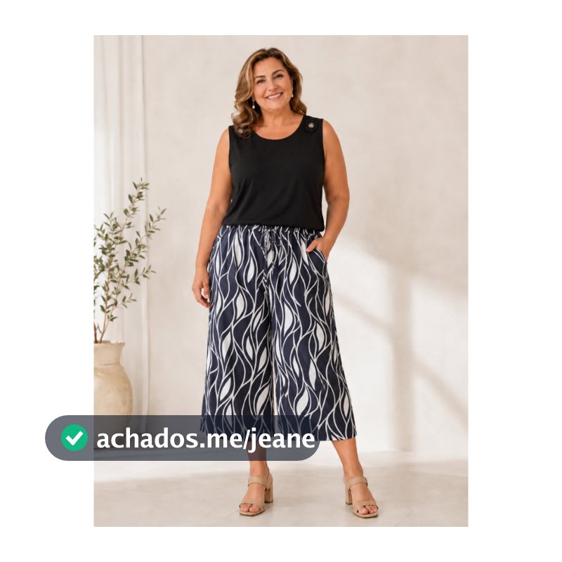 Conjunto Plus Size Feminino Calça Curta Pantacourt e Regata Estampada Roupa Plus Size - Conjuntinhos de Verão