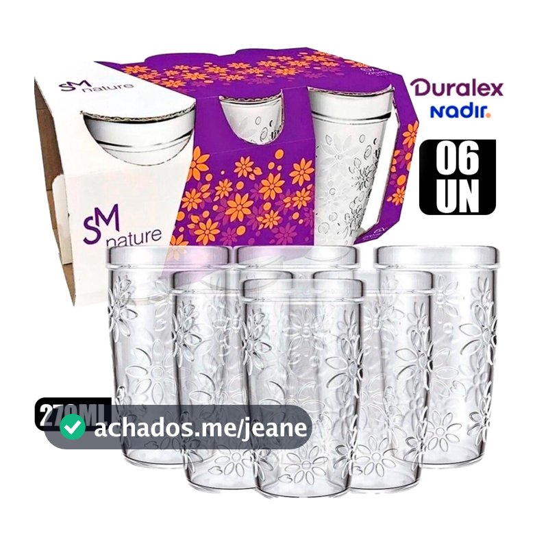 Kit Conjunto 6 Copos Nature SM Nadir 270ml De Vidro Grosso Temperado Transparente Floral Para Sucos