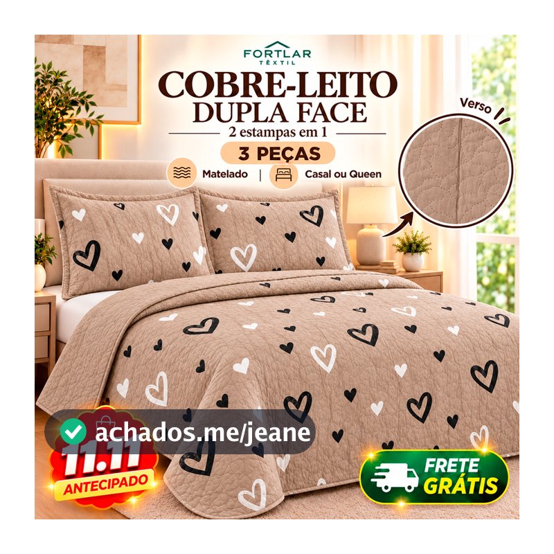 Colcha Cobre Leito Casal Queen Dupla Face 2 Porta Travesseiros Estampada Mateladoi