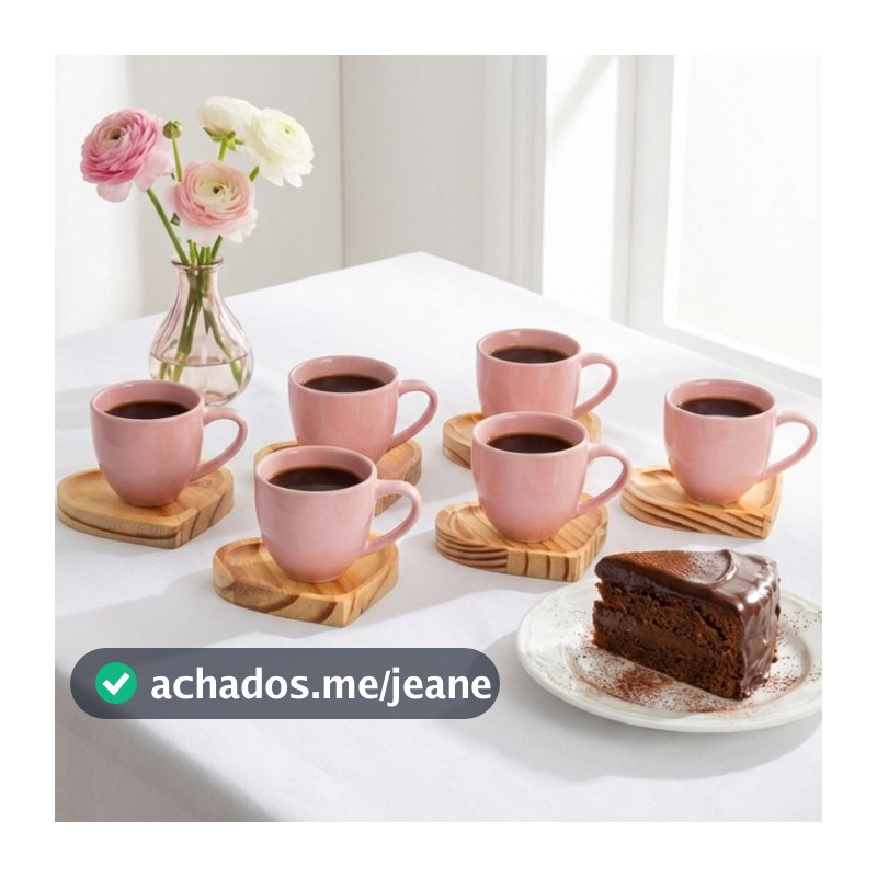 Jogo com 6 Xícaras de Café em Porcelana + 6 Pires Madeira Pinus Formato de Coração Dia dos Namorados
