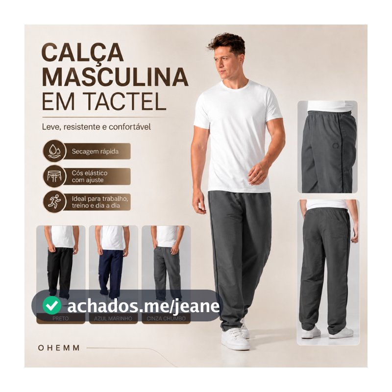 Calça Masculina Táctel Academia, Laser Confortável, Seca Rápido, Bolso e Cordão
