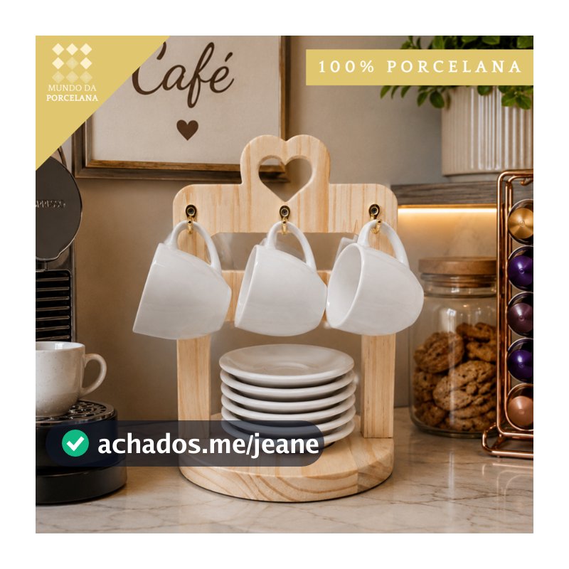 Jogo 6 Xicara Café Com Pires Porcelana Branco com Suporte Coraçao - Mundo da Porcelana