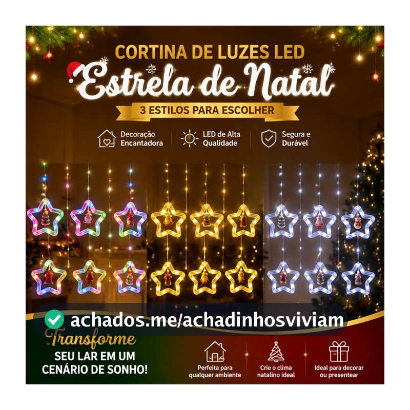 Bivolt 110V–220V Pisca-pisca Natal LED 3M x 0,7M Cortina de Luz Fio de Gelo Estrela 5 Pontas Decoração Quarto KL-510