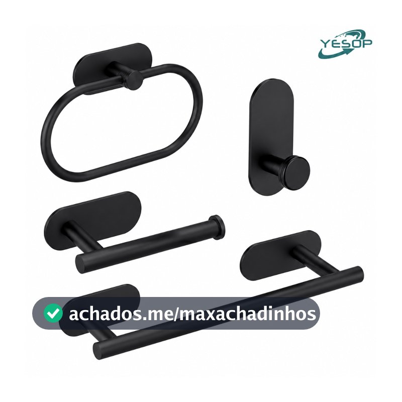 YESOP Kit Acessórios Banheiro 4 Peças Inox Sem Furo Adesivo Premium Parede Moderno Luxo Fosco Preto