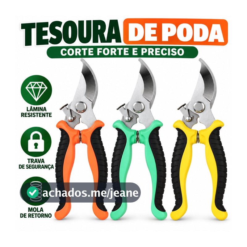 Tesoura de Poda para Jardim em Aço Inoxidável com Trava de Segurança e Mola para Plantas Flores e Galhos