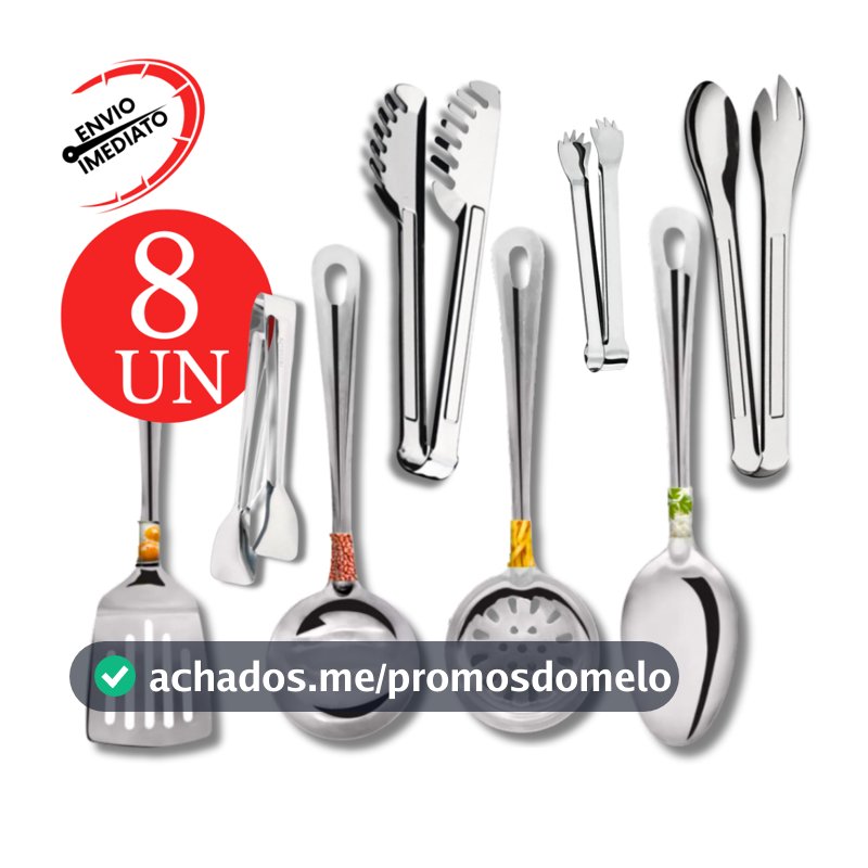 Kit Utensilios Aço Inox 8, 6 Peças Pegador Salada Carne Frios Massas Concha Espatula Escumadeira