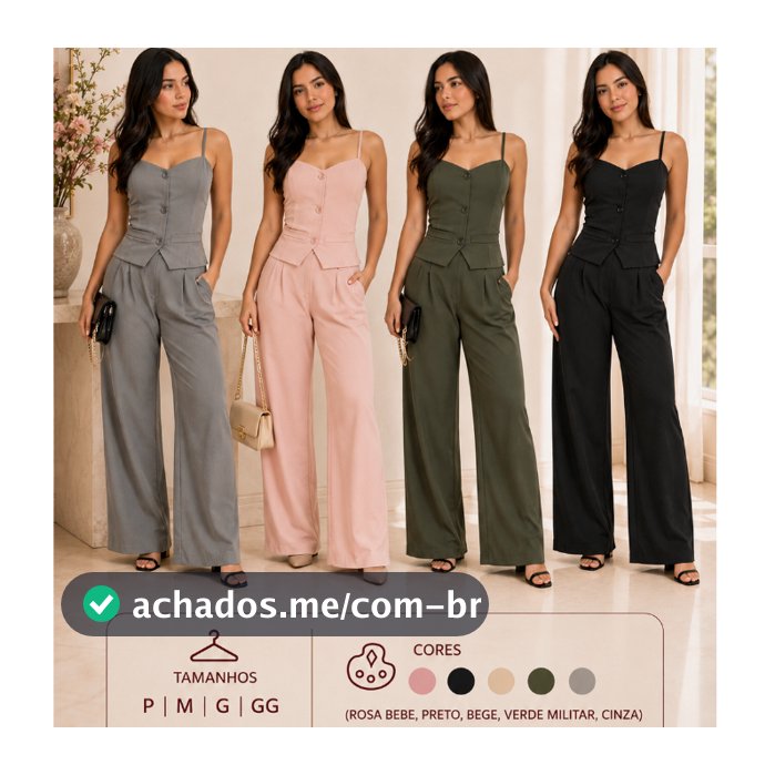 Conjunto Feminino Alfaiataria Elegante Colete com Botões + Calça Pantalona liquida$2026