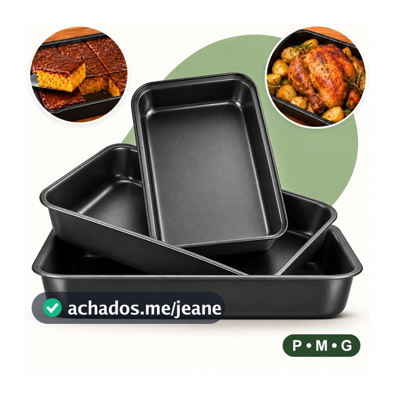 Kit 3 Assadeiras Formas Antiaderente Teflon 3 Tamanhos Pmg 42cm 37cm 32cm Retangular Forno Airfryer