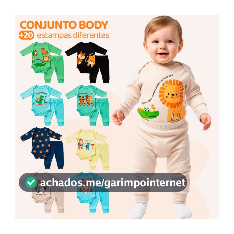 Kit 10 Peças de Roupas para Bebê 5 body+ 5 calças/mijão - Kit com 5 body + 5 Mijão de Roupa Infantil Bebe
