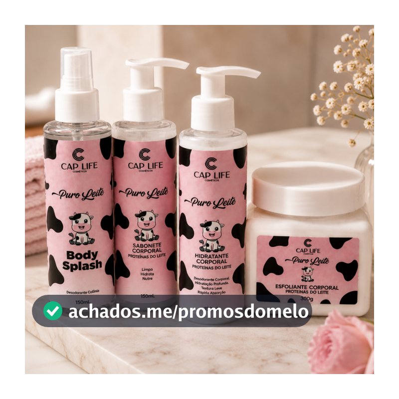 Kit Puro Leite Completo Cap Life – Body Splash, Hidratante, Sabonete e Esfoliante Corporal