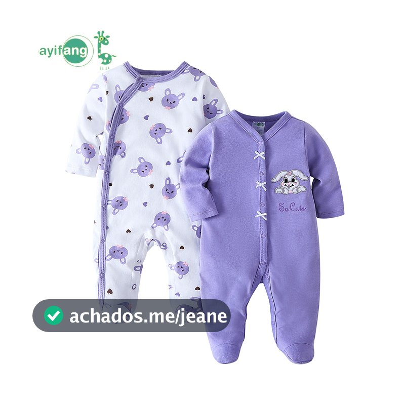 Kit 2 Macacão Bebê Menina Longo com Pé 100% Algodão Coelhinhos Lilás Roupa de Dormir TM-2022