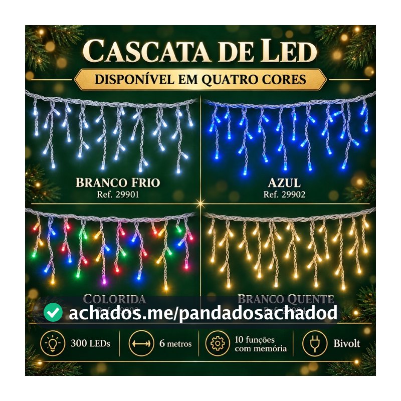 Cascata de Natal 300 LEDs com 6 Metros e 10 Funções — Branco Frio, Azul, Multicolorida ou Branco Quente