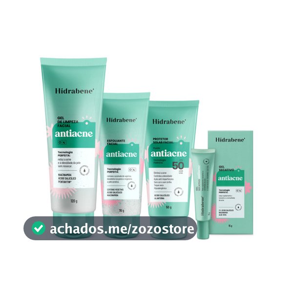Kit Antiacne Hidrabene - Gel de Limzeza + Esfoliante + Protetor Solar + Gel Secativo