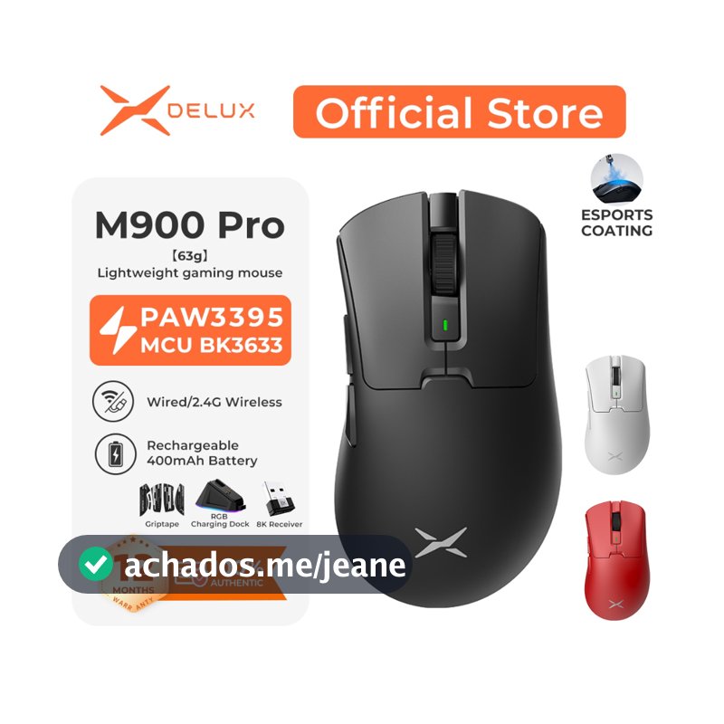 DELUX M900 Pro  Mouse Gamer Ergonômico Sem Fio/Com Fio – PAW3395, 63g, Dock 8K, Ice Coating, BK3633, 500mAh