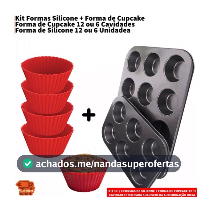 Kit 12 ou 6 Forminhas de Silicone Não Gruda + Forma de Cupcake 12 ou 6 Cavidades Antiaderente Empada