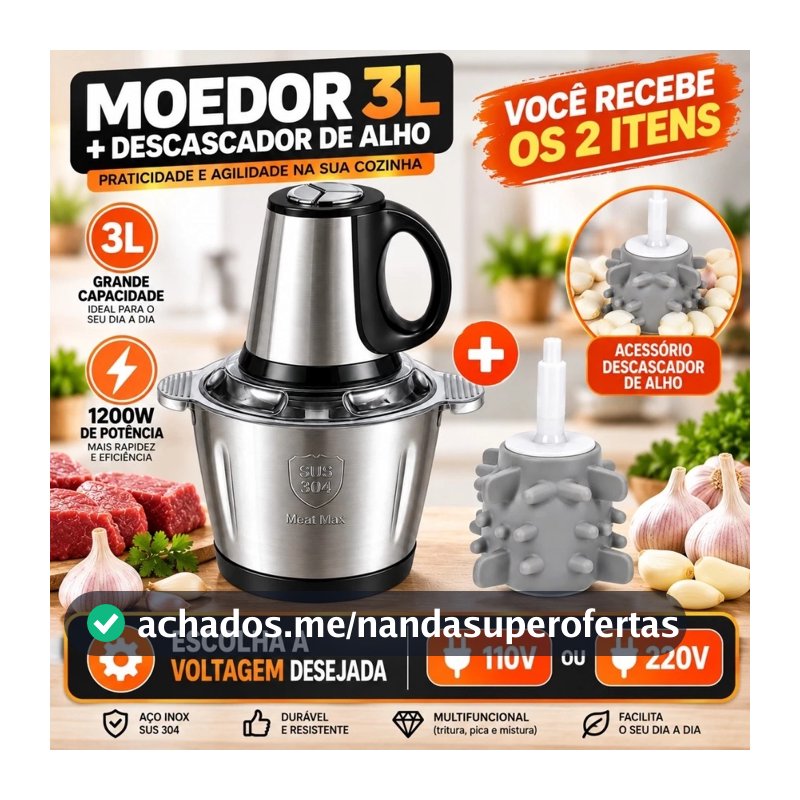 Moedor de Carne Elétrico 1200W 2L 3L Inox Triturador Processador de Alimentos 110V 220V com Alça