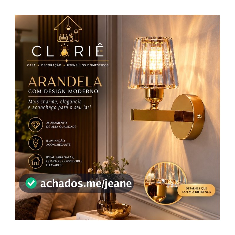 Arandela Parede Metal Cristal Moderno Elegante Sala Quarto Lavabo Banheiro Bocal E27 Dourado Preto