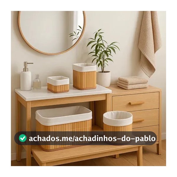 4 Cestos de Bambu Retangular Organizadores com Forro Banheiro Lavanderia Decoração Pequeno Grande