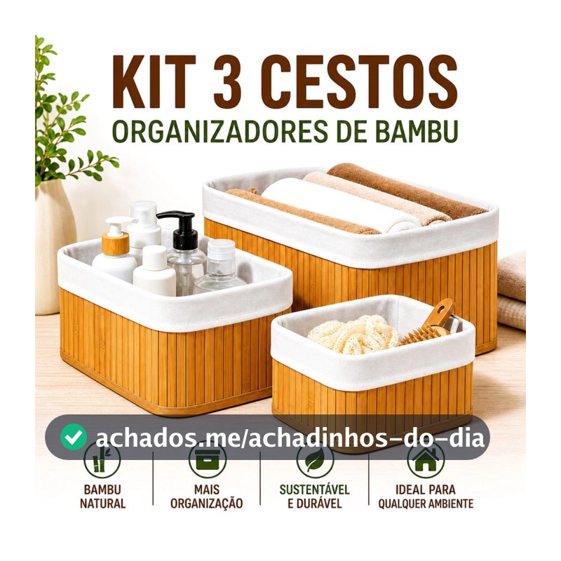 Kit 3 Cestos Organizadores de Bambu Multiuso com Forro