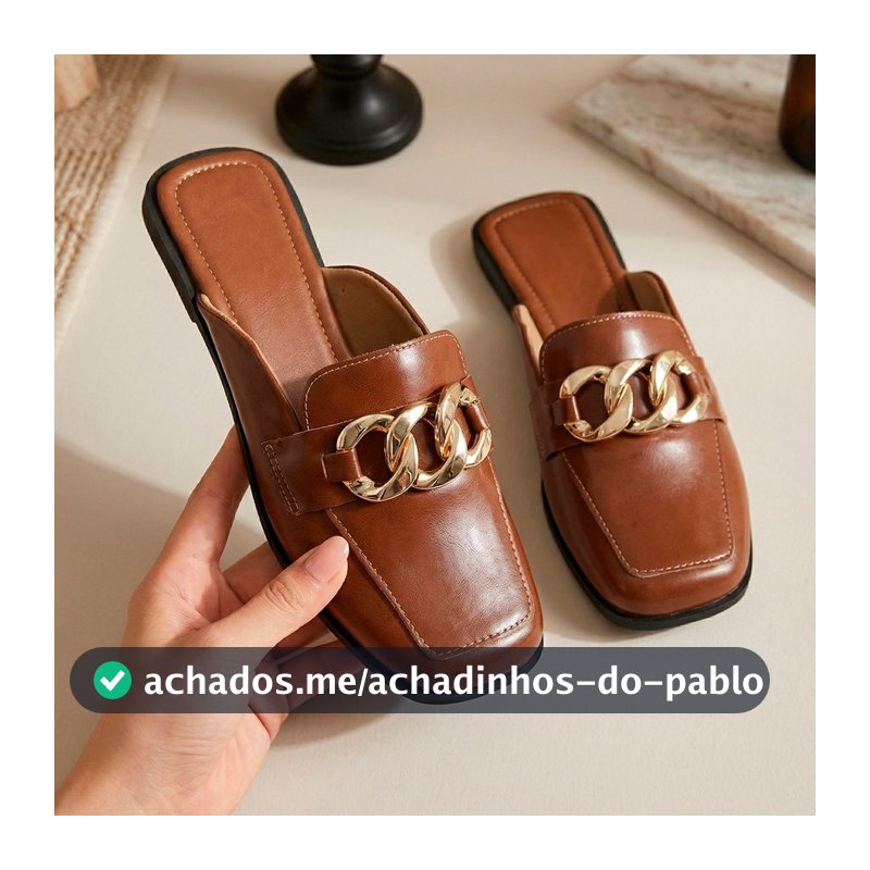Mule Feminino Elegante Corrente Dourada Bico Quadrado Macerata Confortável Ref: R-151