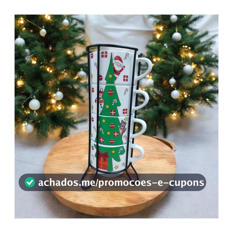 Jogo De 4 Xicaras 210ml Café Chá Porcelana Arvore de Natal Com Suporte de Metal