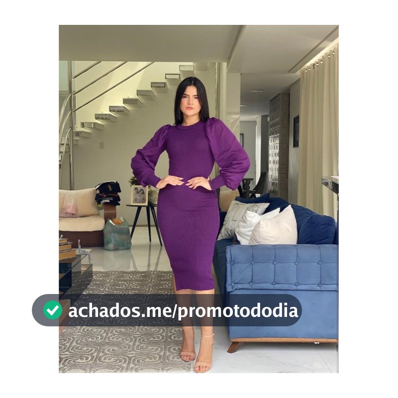 Vestido Canelado Tricot Midi Manga Balão com Fenda Lateral Moda Evangélica