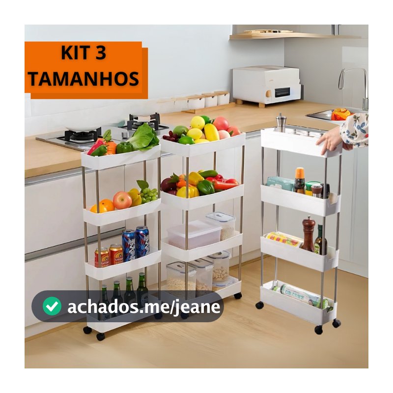 KIT 3 Tamanhos Carrinho Organizador 4 Andares com Rodinhas Multiuso Banheiro e Cozinha