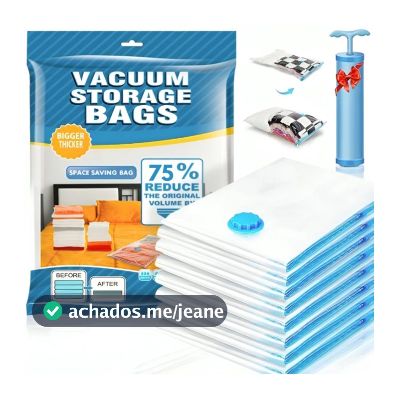 Kit 5 Sacos Embalagem A Vácuo Para Armazenamento Roupa Viagem Mala Edredon Organizador Guarda Roupa + Bomba A Vácuo