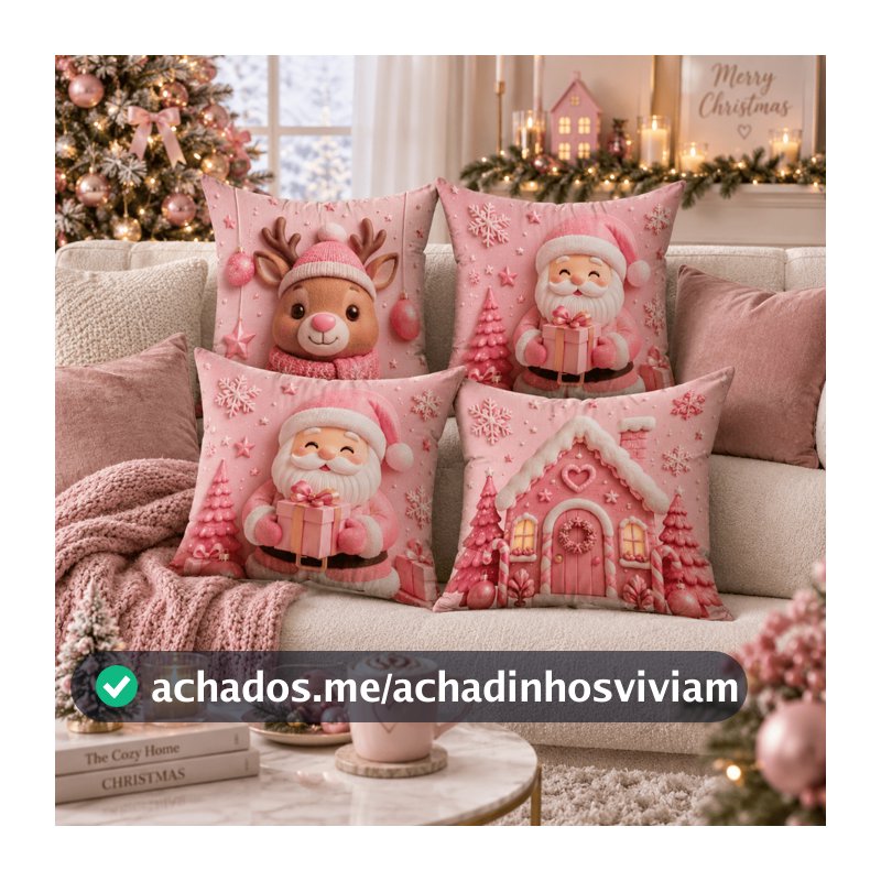 Kit 4 Capas de Almofadas Natalinas 45x45cm Papai Noel Rena Casinha Rosa Enfeite de Natal