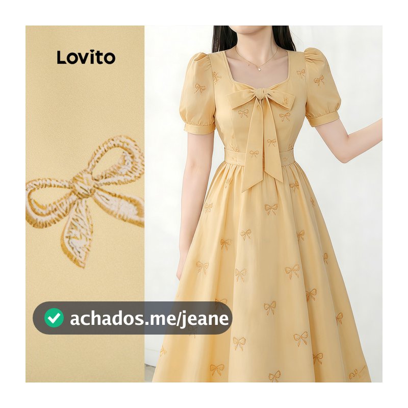 Lovito Vestido Bordado Elegante Amarração Frontal Textura Padrão Primavera/Verão Vestido Amarelo Claro Para Mulheres L190ED585
