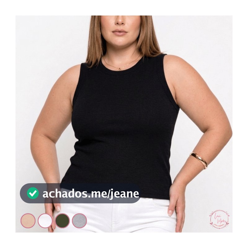 Regata Plus Size Feminina Básica Ribana Canelada Versátil Gola Redonda