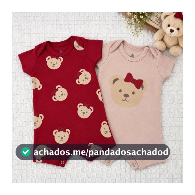 Kit 2 Macacão Romper Bebê Menina Verão 100% Algodão Banho de Sol Manga Curta RN,P,M,G,GG Ursinha